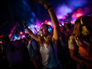 Dancing crowd at a silent disco party wearing wireless LED headphones.