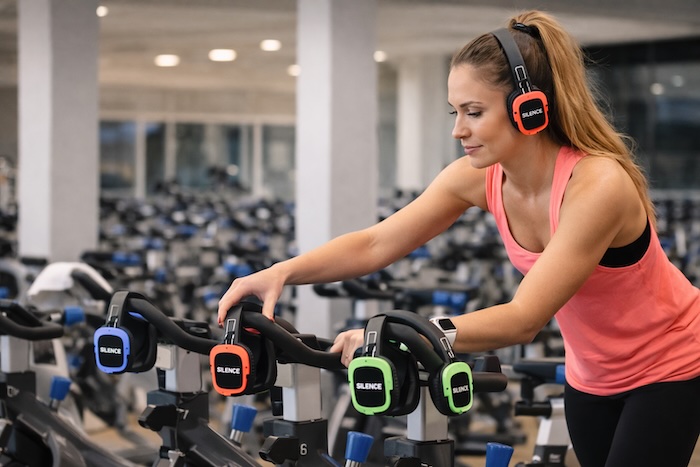 Spin class attendees wearing silent headphones while focused on a presenter