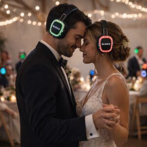 Newlyweds wearing silent headphones at a wedding reception using wireless audio headsets