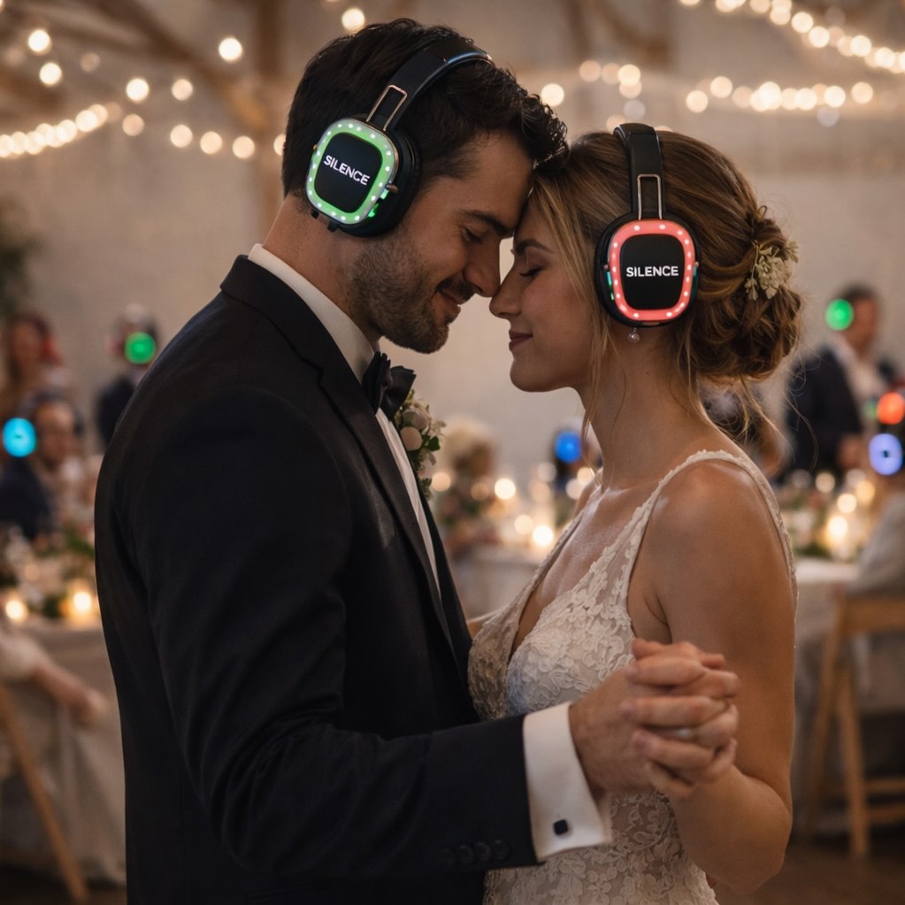 Newlyweds having a private moment wearing silent headphones at a wedding reception using SILENCE Activations wireless audio headsets