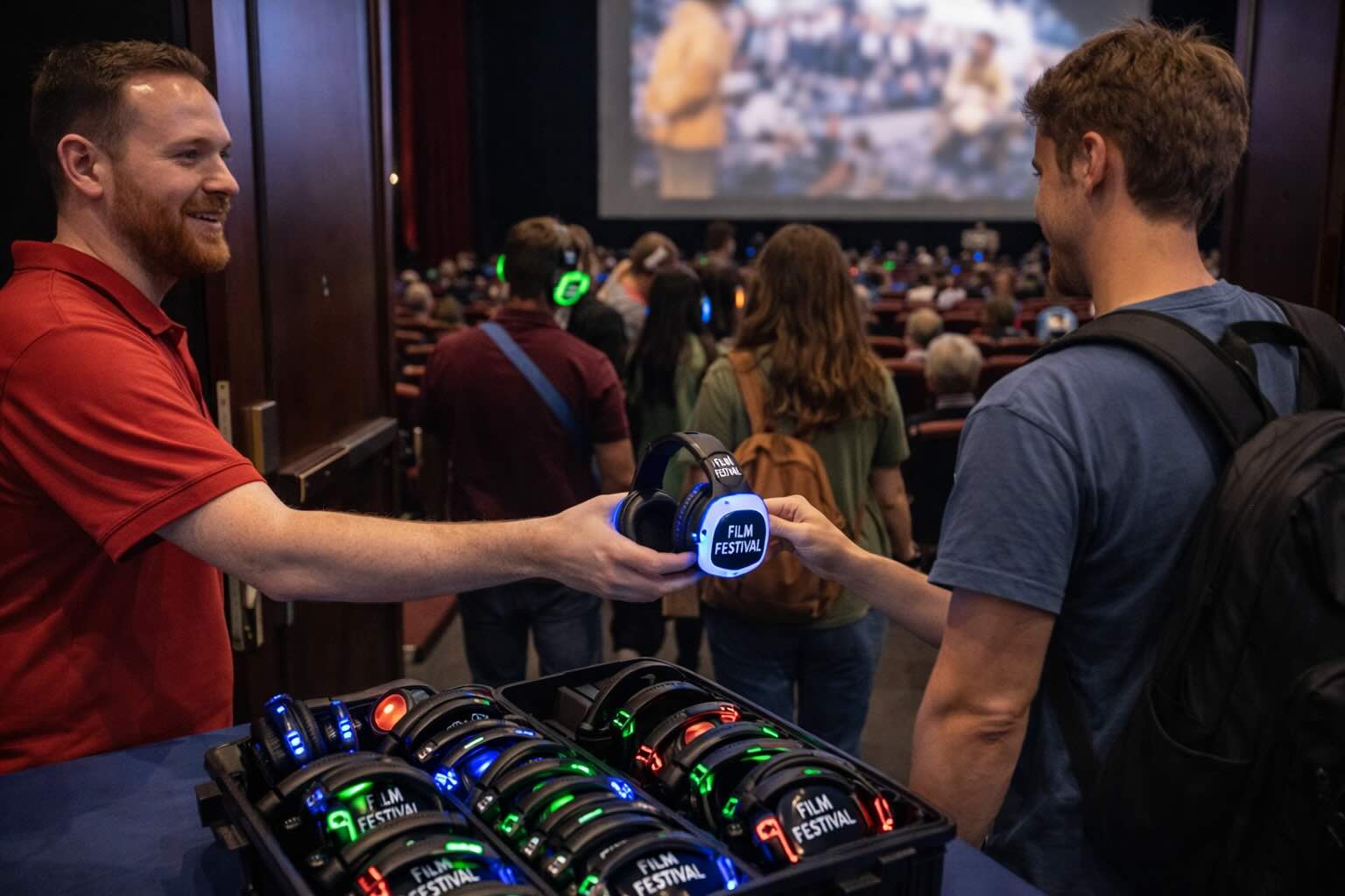 Movie attendees wearing silent headphones while in the foreground a new arrival is handed headphones