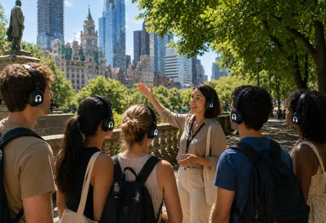 Silent tour attendees wearing silent headphones while focused on a presenter