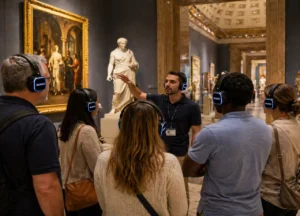 Group using silent headphones during a guided museum tour
