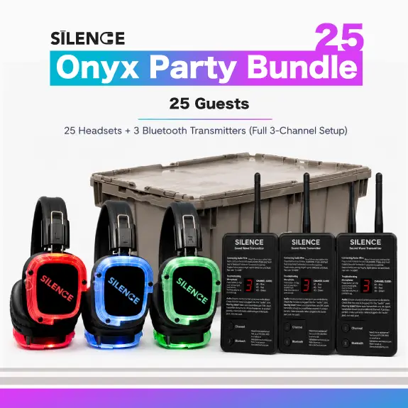 Onyx Party Bundle with 25 silent disco headphones and 3 Bluetooth transmitters