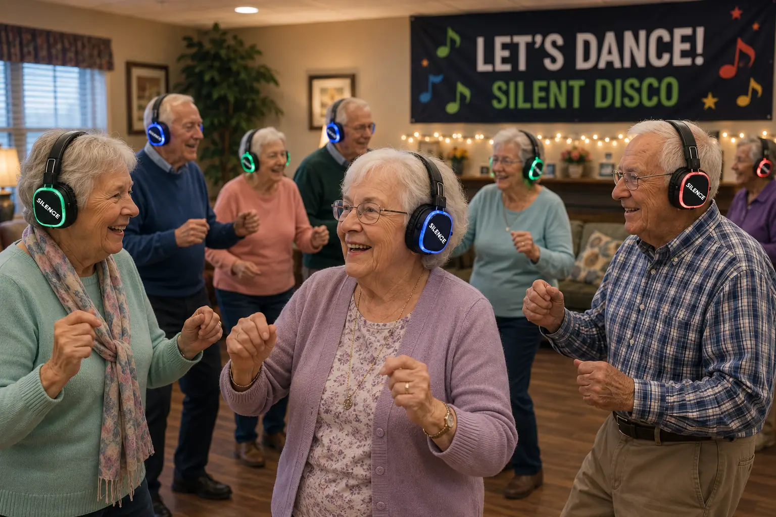 Silent senior care event in Safety Harbor with guests wearing silent headphones