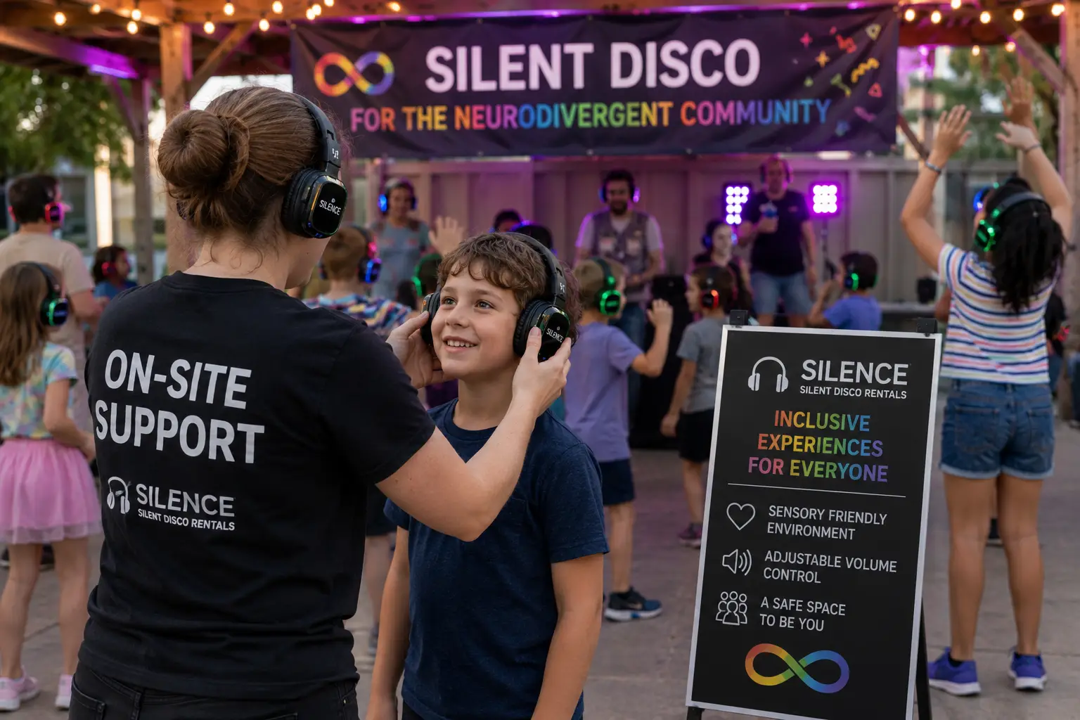 Neurodivergent attendees wearing silent headphones while focused on a presenter