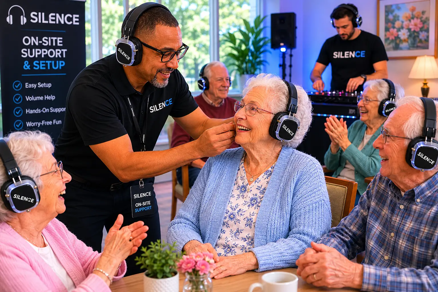 Senior care attendees wearing silent headphones while focused on a presenter