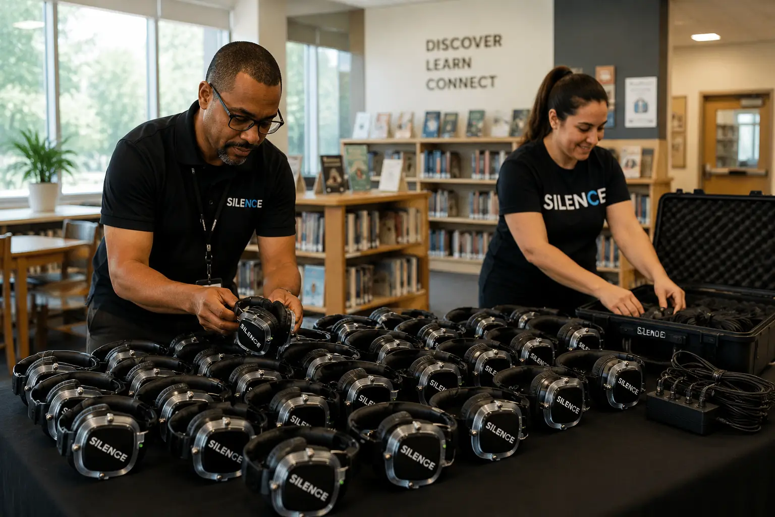 Listening event attendees setting up silent headphones for a listening event at a library
