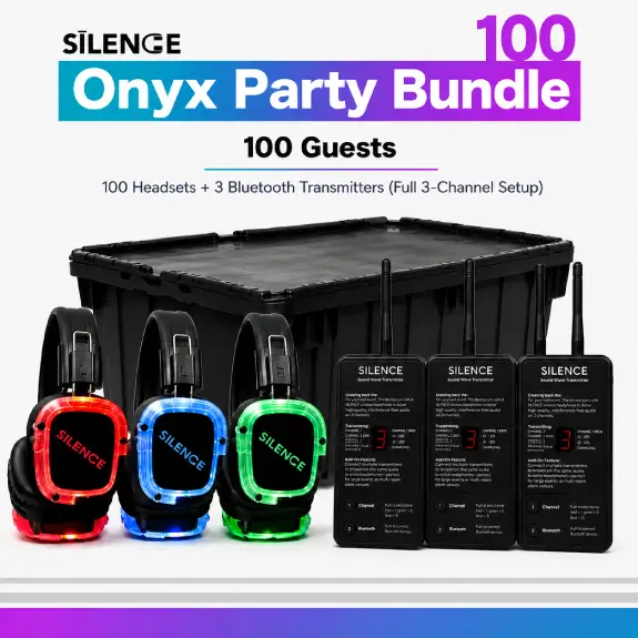 Onyx Party Bundle with 75 silent disco headphones and 3 Bluetooth transmitters