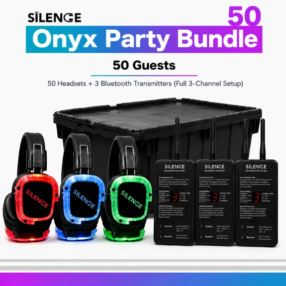 Onyx Party Bundle with 50 silent disco headphones and 3 Bluetooth transmitters