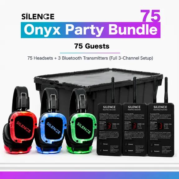 Onyx Party Bundle with 75 silent disco headphones and 3 Bluetooth transmitters