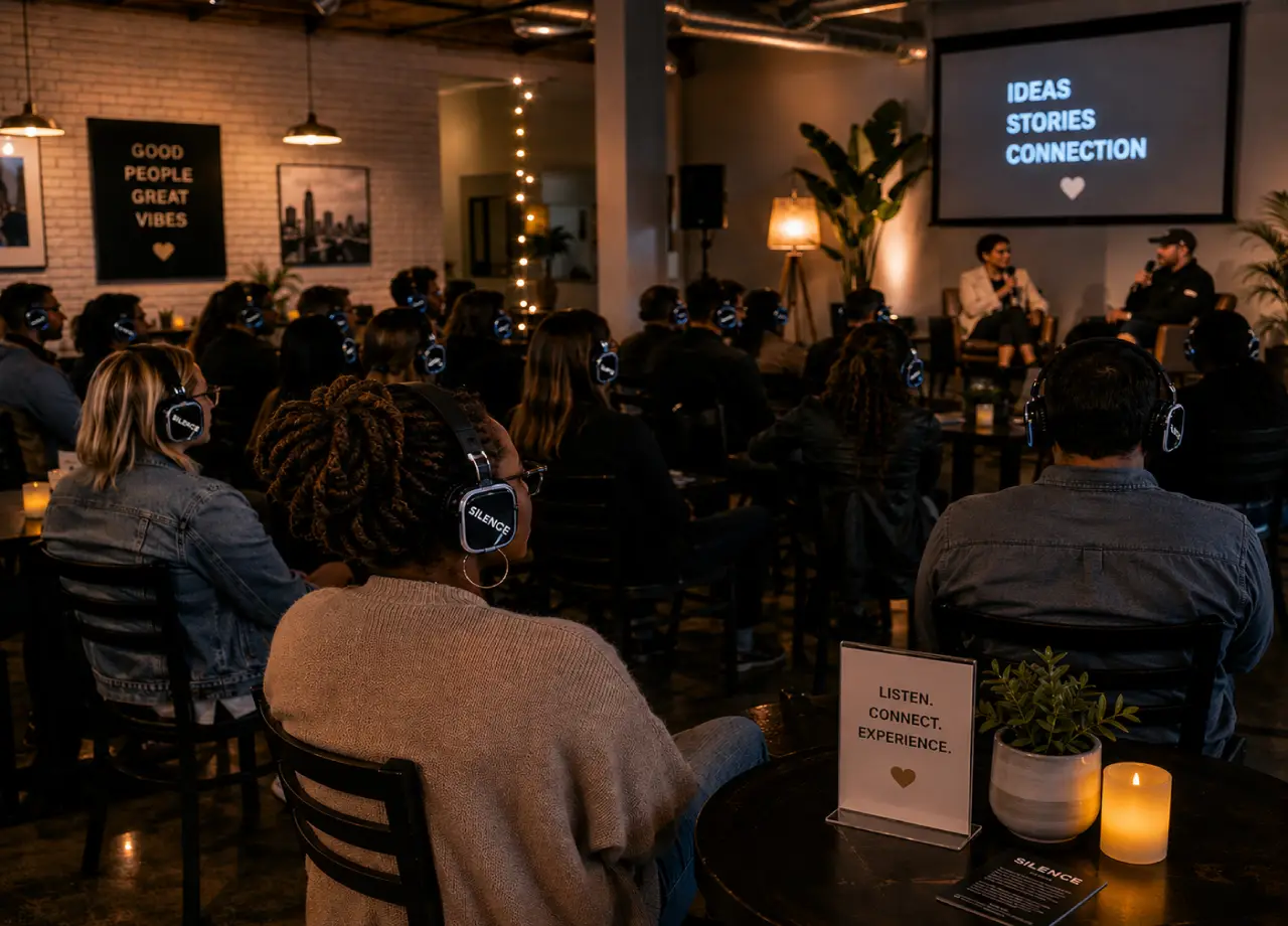 Audience using silent headphones during a listening event and speaker discussion