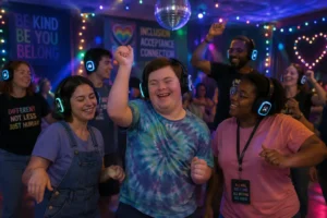 People enjoying a sensory-friendly silent disco event with wireless headphones in an inclusive community setting