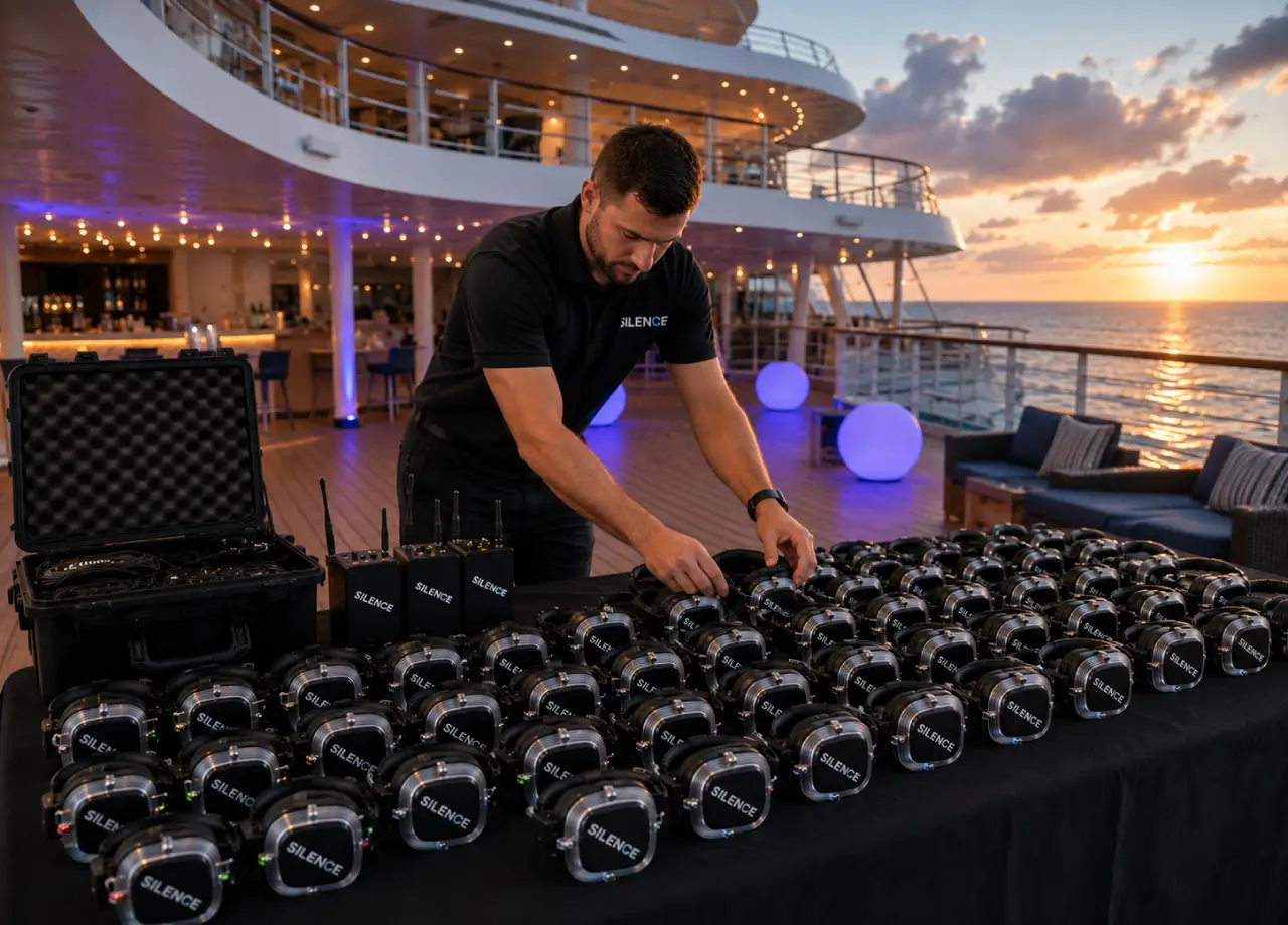 Cruise attendees wearing silent headphones while focused on a presenter